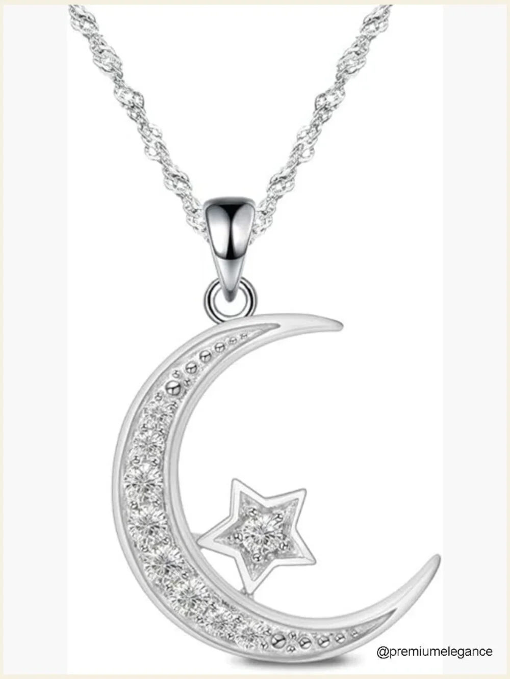 Sterling Silver Crescent Moon Star Necklace Cubic Zirconia 18
